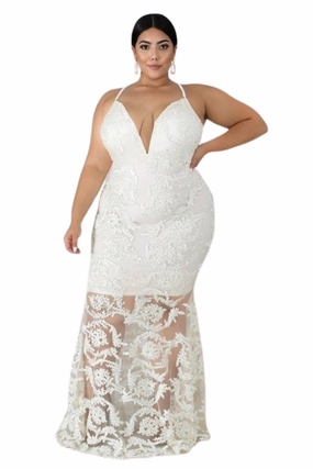 Final Sale Plus Size Gown with Deep V and Mermaid Bottom in Ivory Recycled Polyester Blend Comfy Essentials Wear