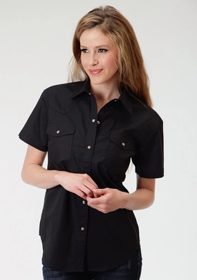 Subtle patterns Flexible Material Roper Basics Ladies Black 100% Cotton Solid Poplin S/S Shirt