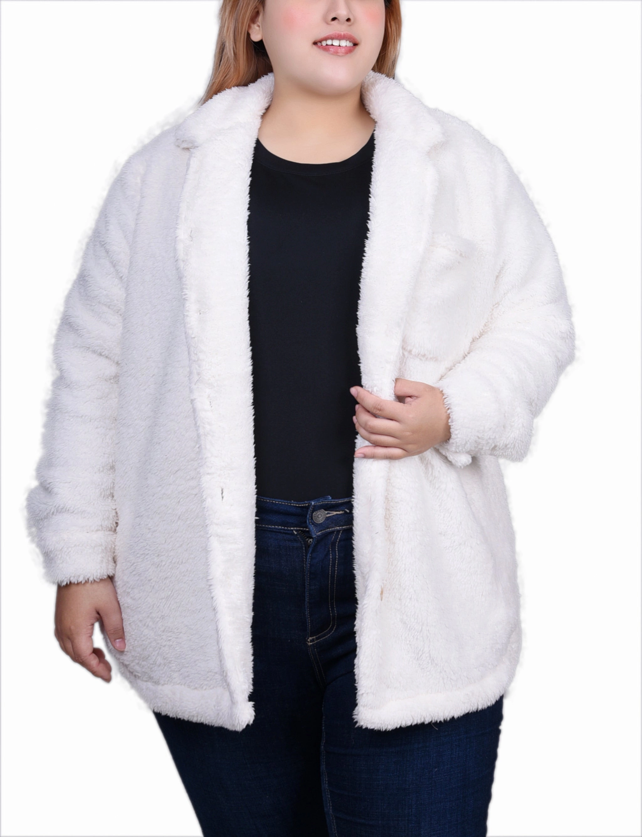 Plus Size Long Sleeve Button Front Sherpa Jacket Smooth Zipper Integration