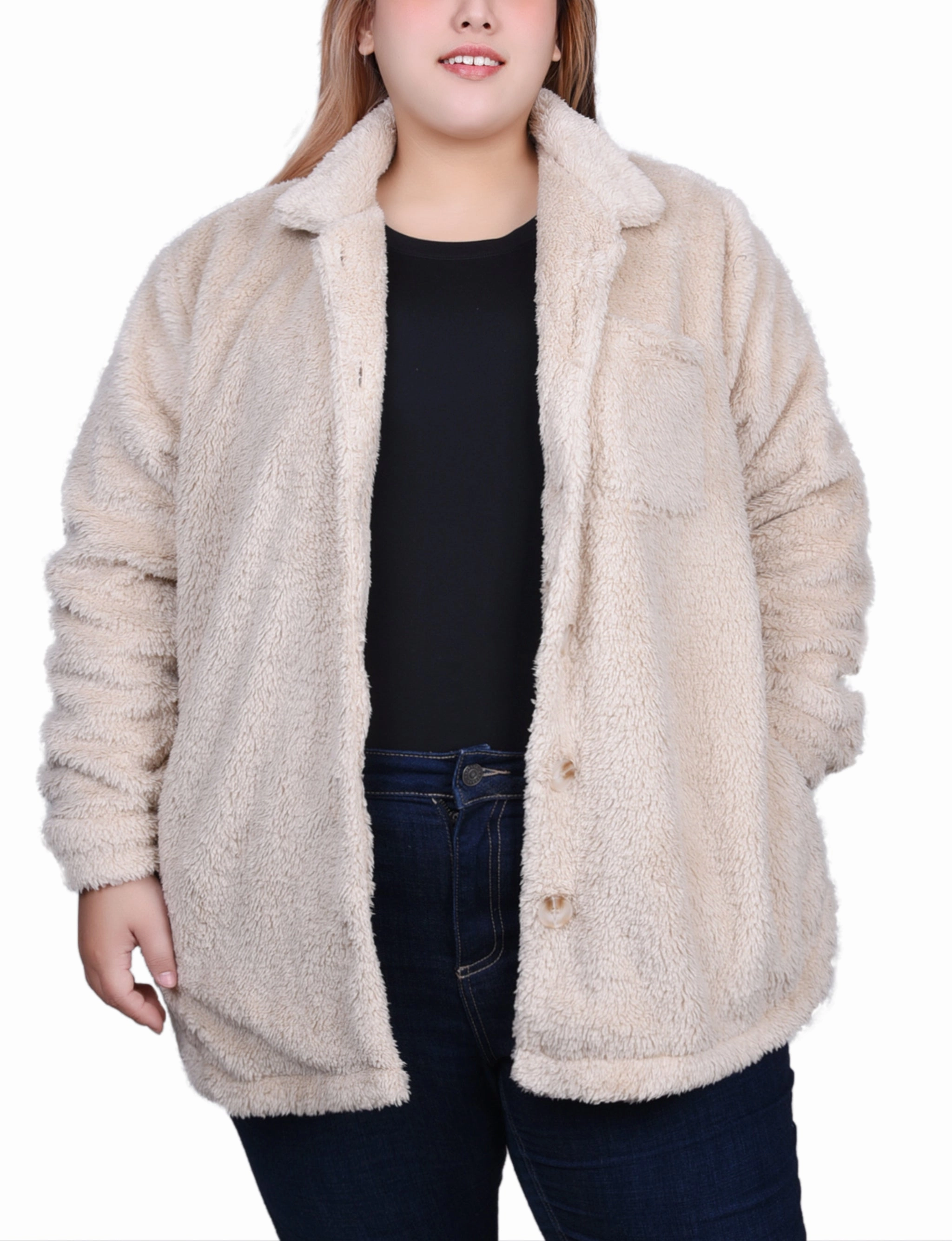 Plus Size Long Sleeve Button Front Sherpa Jacket Stylish Dress Winter Wardrobe