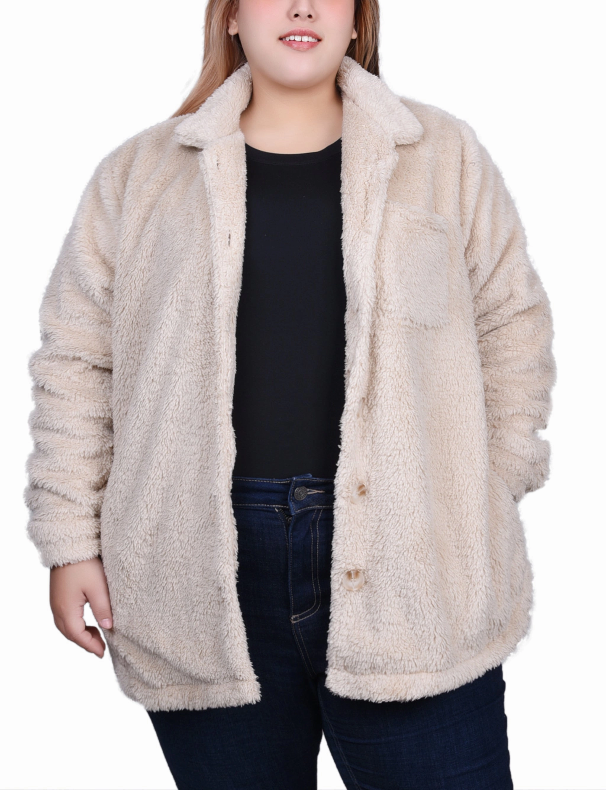Plus Size Long Sleeve Button Front Sherpa Jacket BondedSeamTechnology