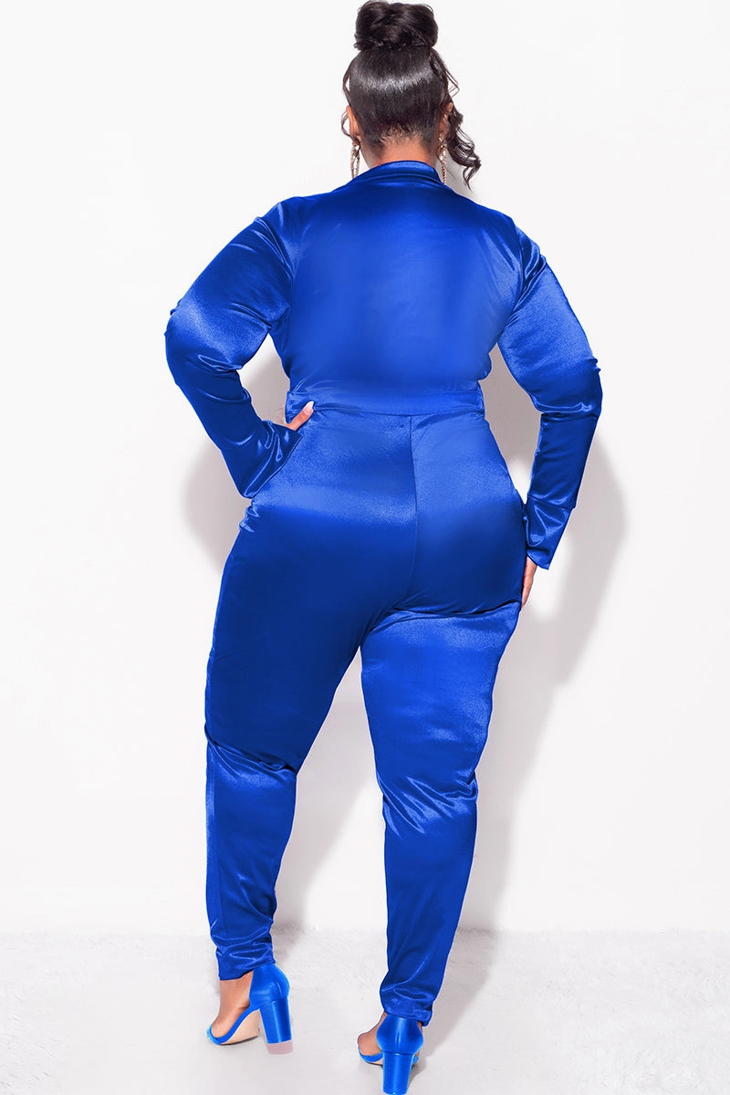 Final Sale Plus Size 2-Piece Satin Collared Faux Wrap Bodysuit and Pants Set in Royal Blue Comfortable Layering