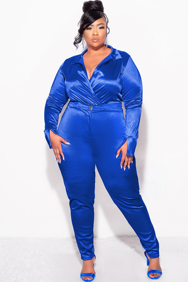 Premium Stretch Shape Retention Final Sale Plus Size 2-Piece Satin Collared Faux Wrap Bodysuit and Pants Set in Royal Blue