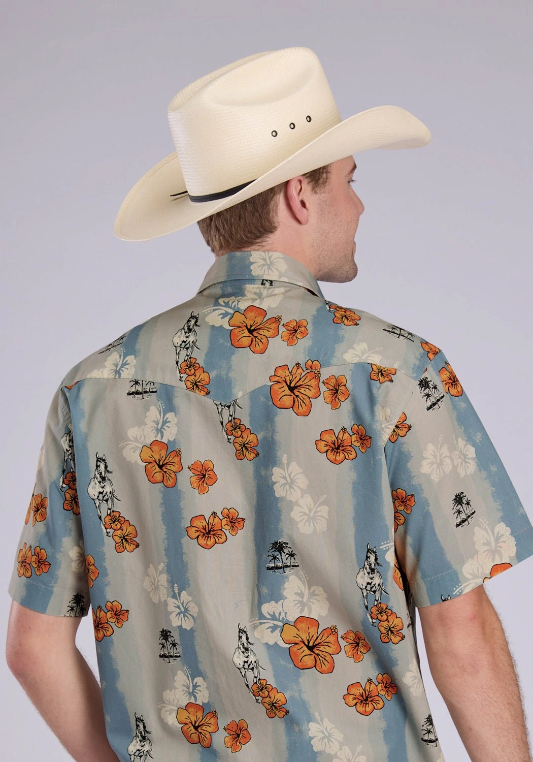 Tin Haul Mens Vintage Tropical Blue/Grey 100% Cotton S/S Shirt Seamless Shoulder Trendy Fashion