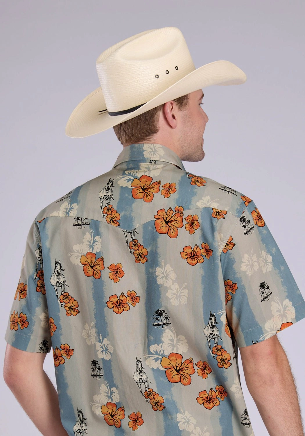 Rugged Style Tin Haul Mens Vintage Tropical Blue/Grey 100% Cotton S/S Shirt