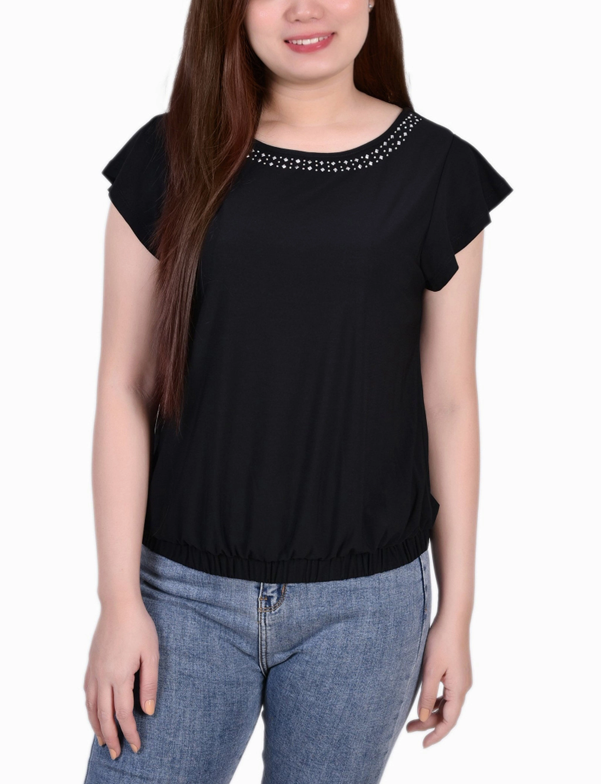 ConvertibleStyle PortableOption Petite Short Flutter Sleeve Top With Studded Neckline