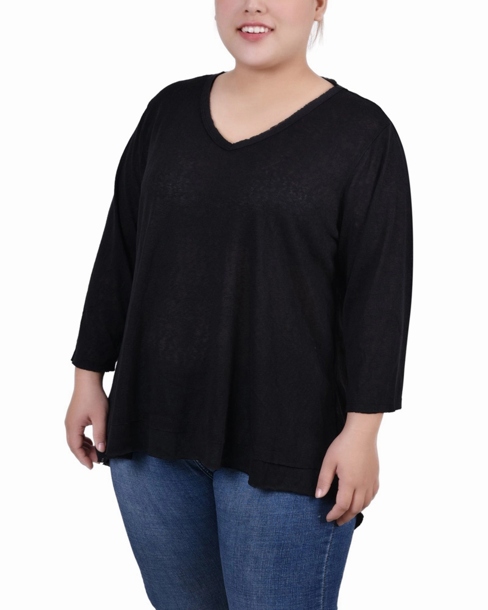 Plus Size 3/4 Sleeve V Neck Top Everyday Comfort Fit Reinforced Hems