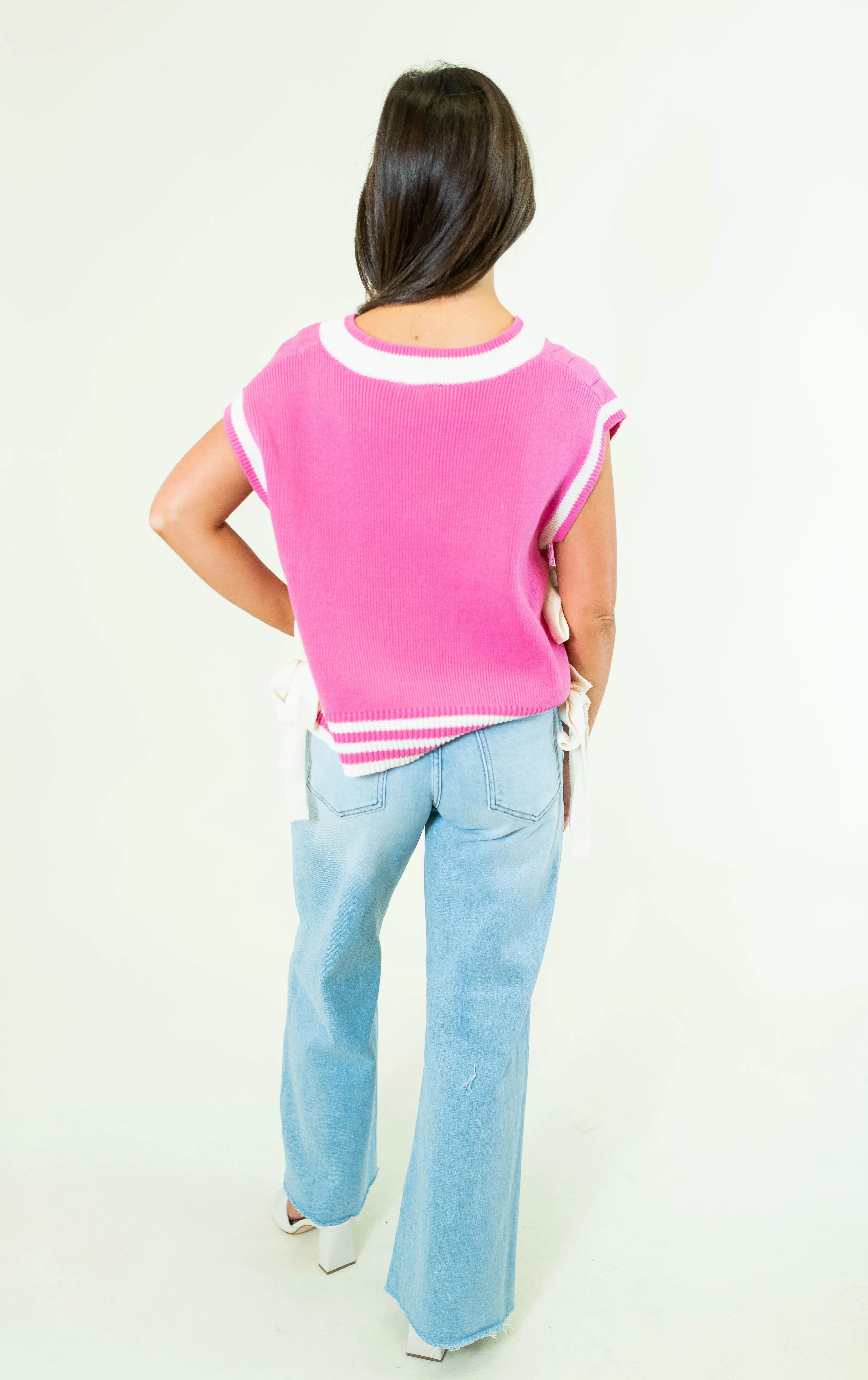 Solid Cable V-Neck Knit Sweater Vest - Pink