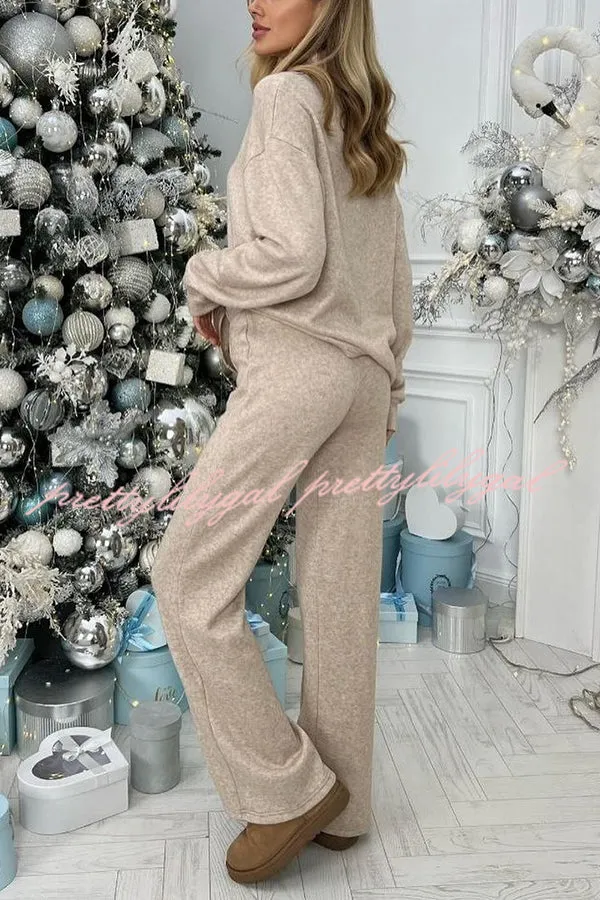 Solid Color Casual Knitted High Neck Long Sleeve Top and Elastic Waist Loose Pants Set