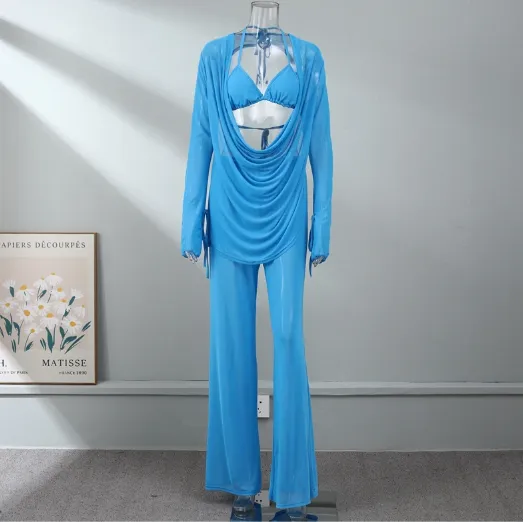 Solid Colour Chiffon Draped Backless Trouser Suit