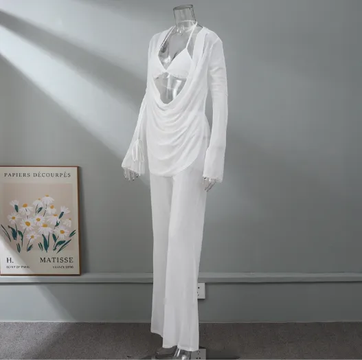 Solid Colour Chiffon Draped Backless Trouser Suit