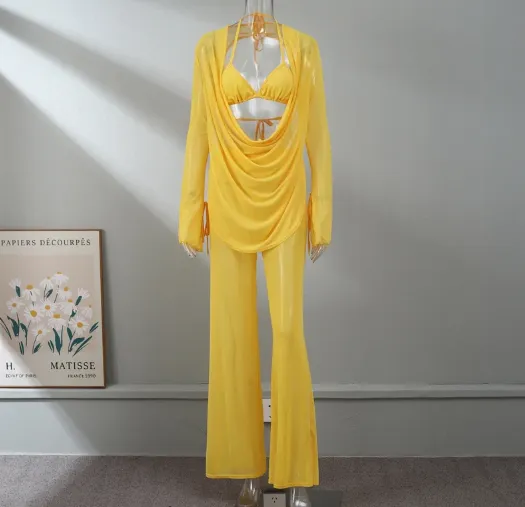 Solid Colour Chiffon Draped Backless Trouser Suit