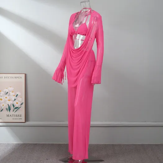 Solid Colour Chiffon Draped Backless Trouser Suit