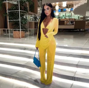 Solid Colour Chiffon Draped Backless Trouser Suit