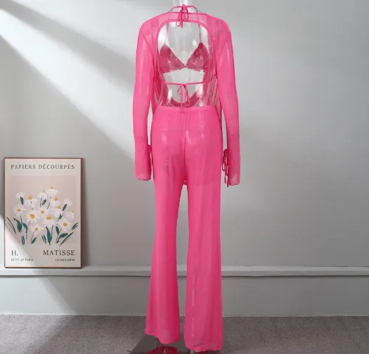 Solid Colour Chiffon Draped Backless Trouser Suit