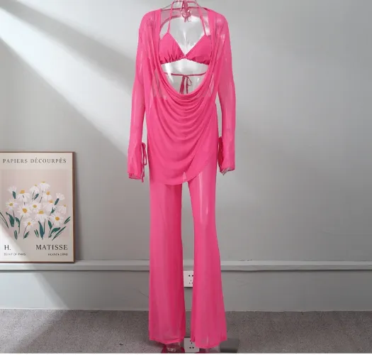 Solid Colour Chiffon Draped Backless Trouser Suit