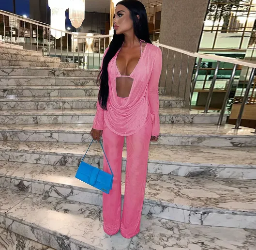 Solid Colour Chiffon Draped Backless Trouser Suit