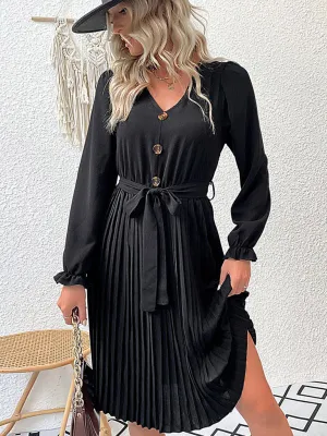 Solid Pleated Long Sleeve Belted Dress