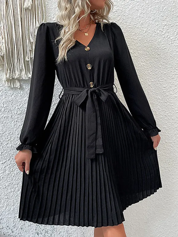 Solid Pleated Long Sleeve Belted Dress