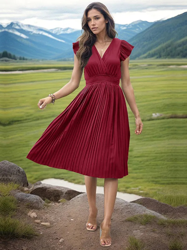Solid Pleated Surplice V-Neck Midi Dress with Smocked Waist