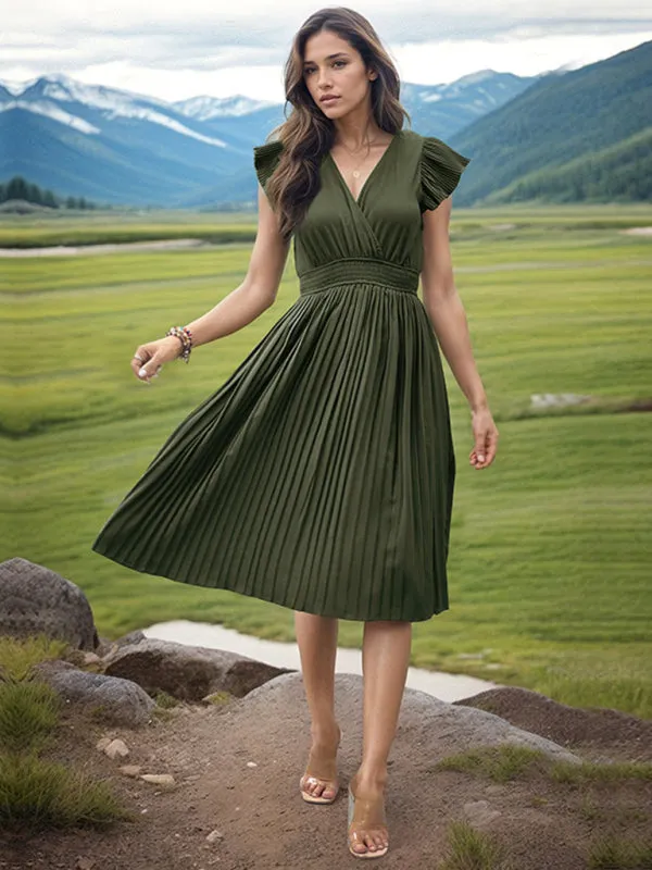 Solid Pleated Surplice V-Neck Midi Dress with Smocked Waist