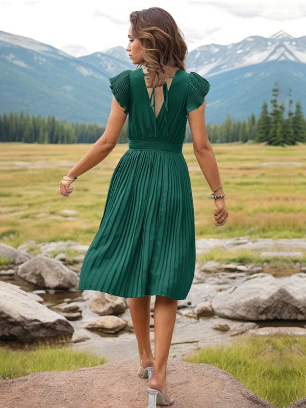 Solid Pleated Surplice V-Neck Midi Dress with Smocked Waist