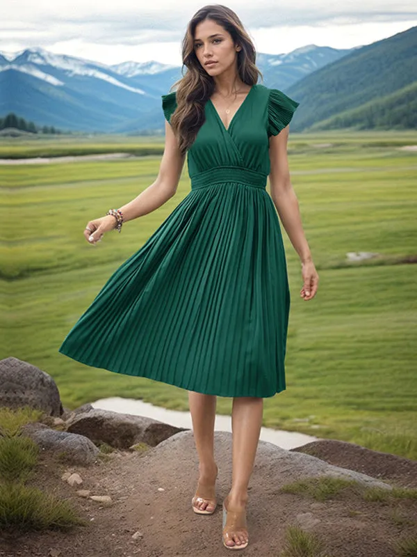 Solid Pleated Surplice V-Neck Midi Dress with Smocked Waist