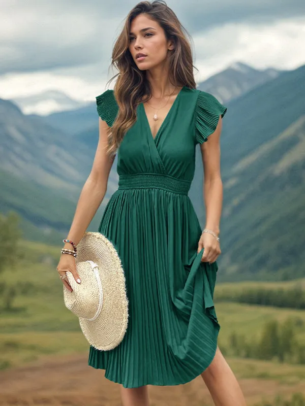 Solid Pleated Surplice V-Neck Midi Dress with Smocked Waist