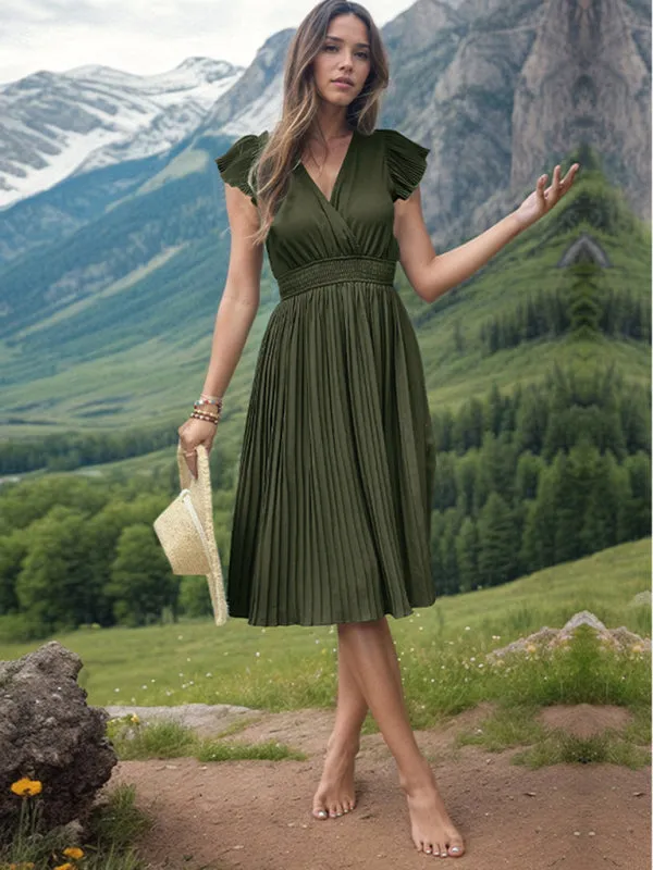 Solid Pleated Surplice V-Neck Midi Dress with Smocked Waist