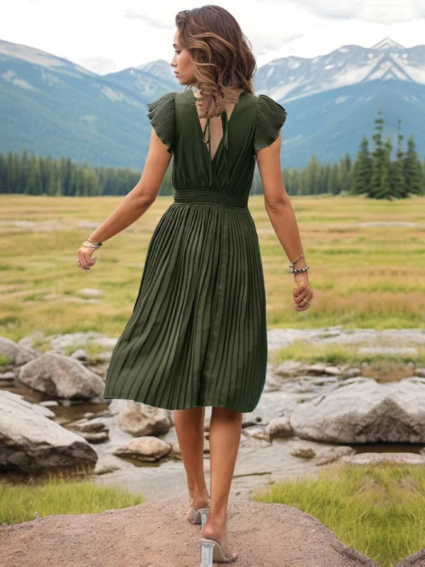 Solid Pleated Surplice V-Neck Midi Dress with Smocked Waist
