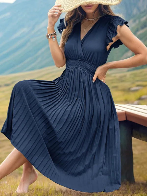 Solid Pleated Surplice V-Neck Midi Dress with Smocked Waist