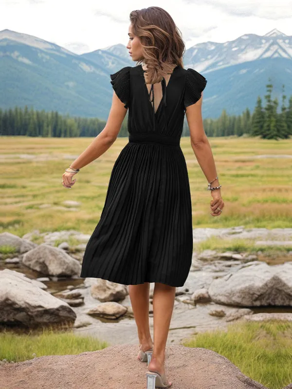Solid Pleated Surplice V-Neck Midi Dress with Smocked Waist