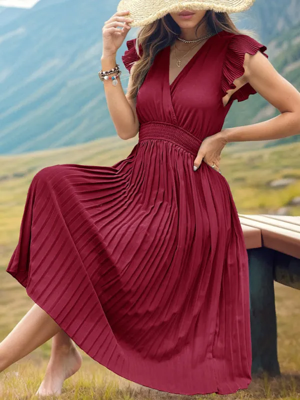 Solid Pleated Surplice V-Neck Midi Dress with Smocked Waist