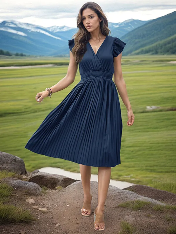 Solid Pleated Surplice V-Neck Midi Dress with Smocked Waist