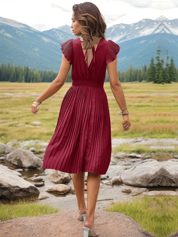 Solid Pleated Surplice V-Neck Midi Dress with Smocked Waist
