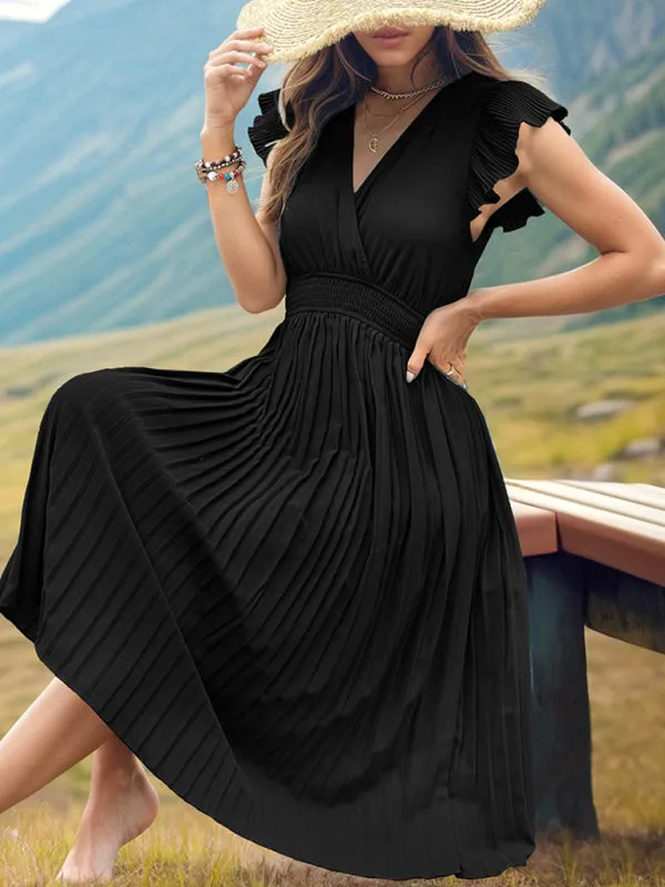 Solid Pleated Surplice V-Neck Midi Dress with Smocked Waist