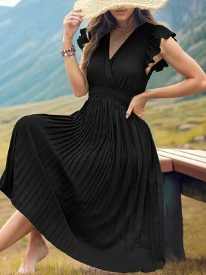 Solid Pleated Surplice V-Neck Midi Dress with Smocked Waist