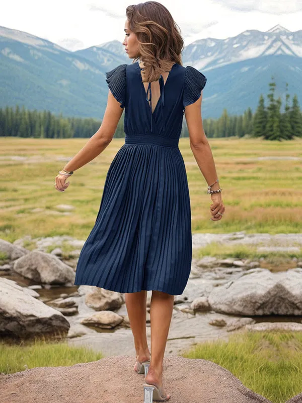 Solid Pleated Surplice V-Neck Midi Dress with Smocked Waist