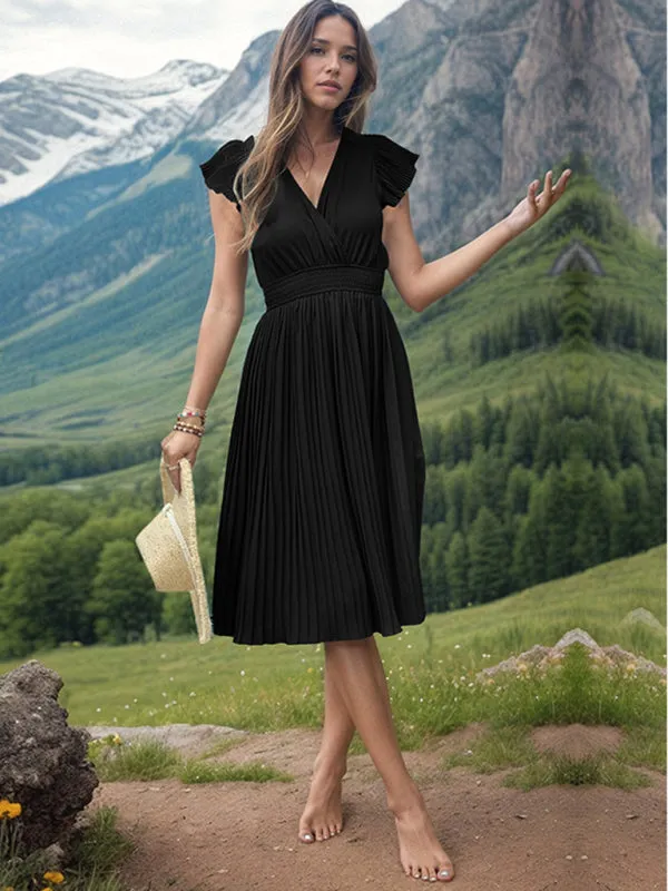 Solid Pleated Surplice V-Neck Midi Dress with Smocked Waist