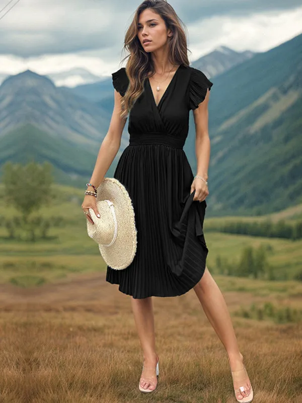 Solid Pleated Surplice V-Neck Midi Dress with Smocked Waist