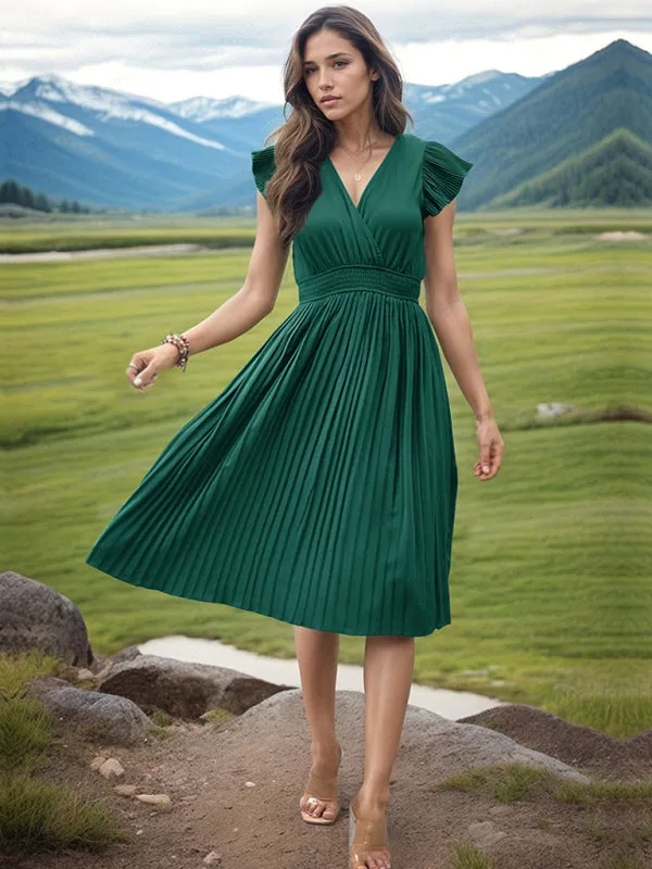 Solid Pleated Surplice V-Neck Midi Dress with Smocked Waist