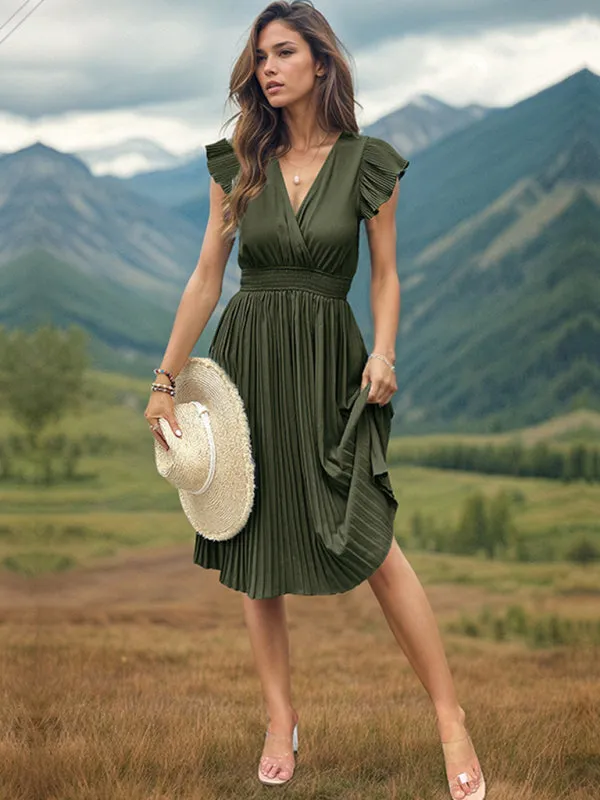 Solid Pleated Surplice V-Neck Midi Dress with Smocked Waist