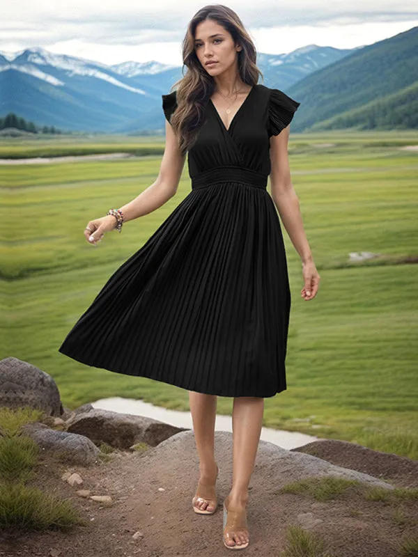 Solid Pleated Surplice V-Neck Midi Dress with Smocked Waist