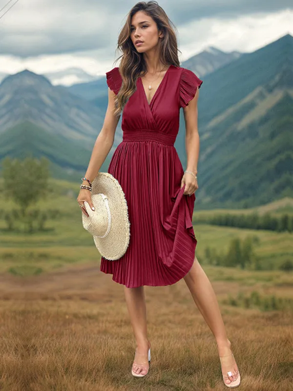 Solid Pleated Surplice V-Neck Midi Dress with Smocked Waist