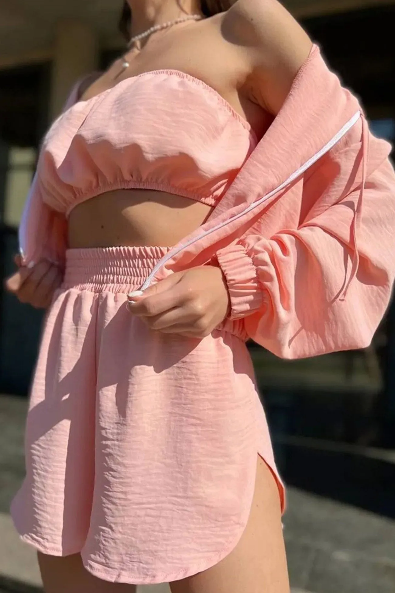 Solid Strapless Vest Hoodie Three-piece Shorts Set