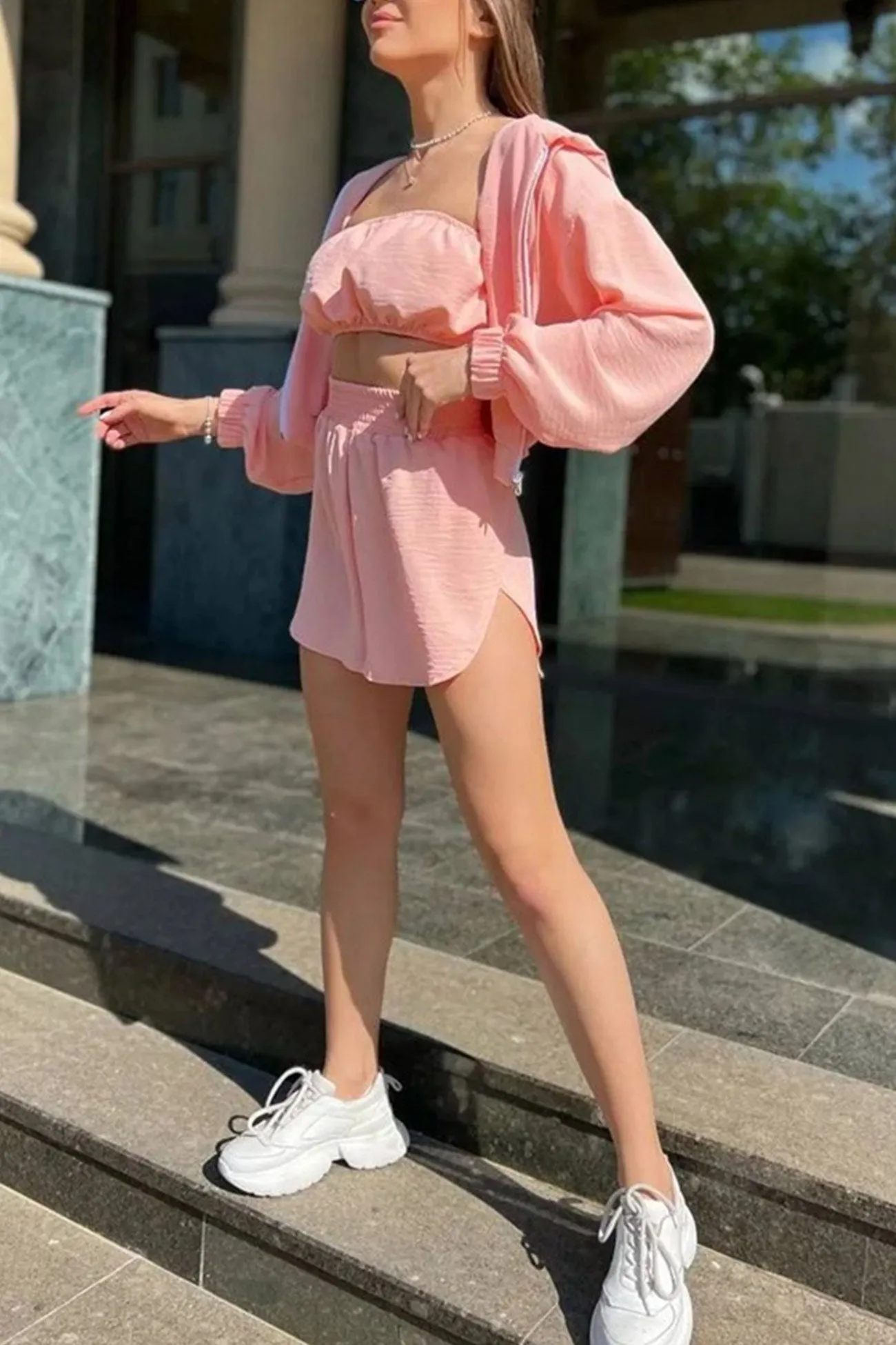 Solid Strapless Vest Hoodie Three-piece Shorts Set