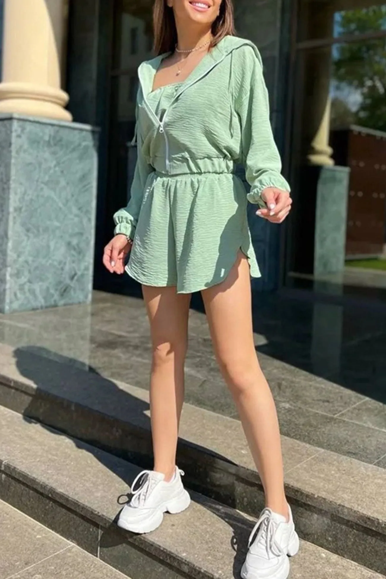 Solid Strapless Vest Hoodie Three-piece Shorts Set