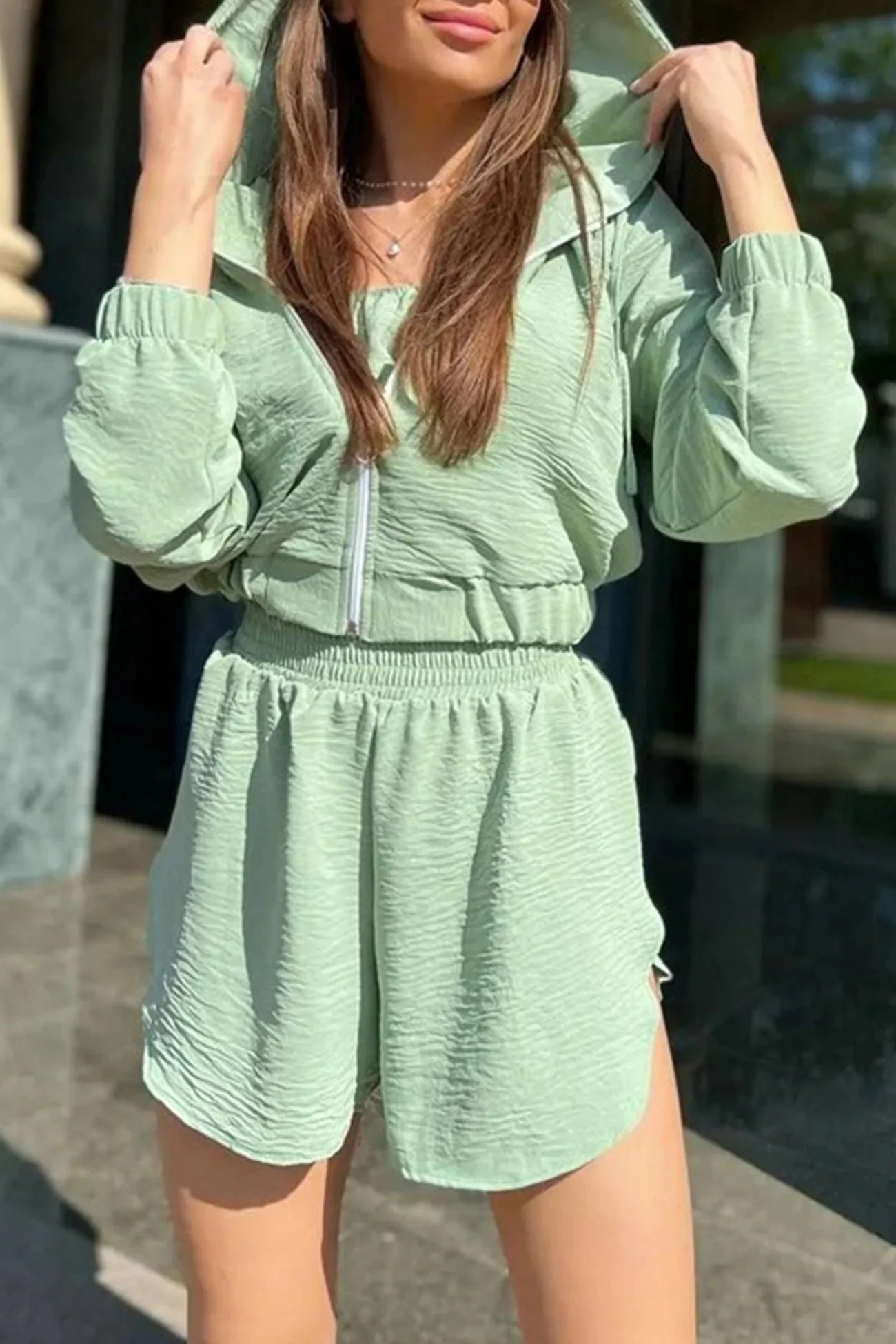 Solid Strapless Vest Hoodie Three-piece Shorts Set