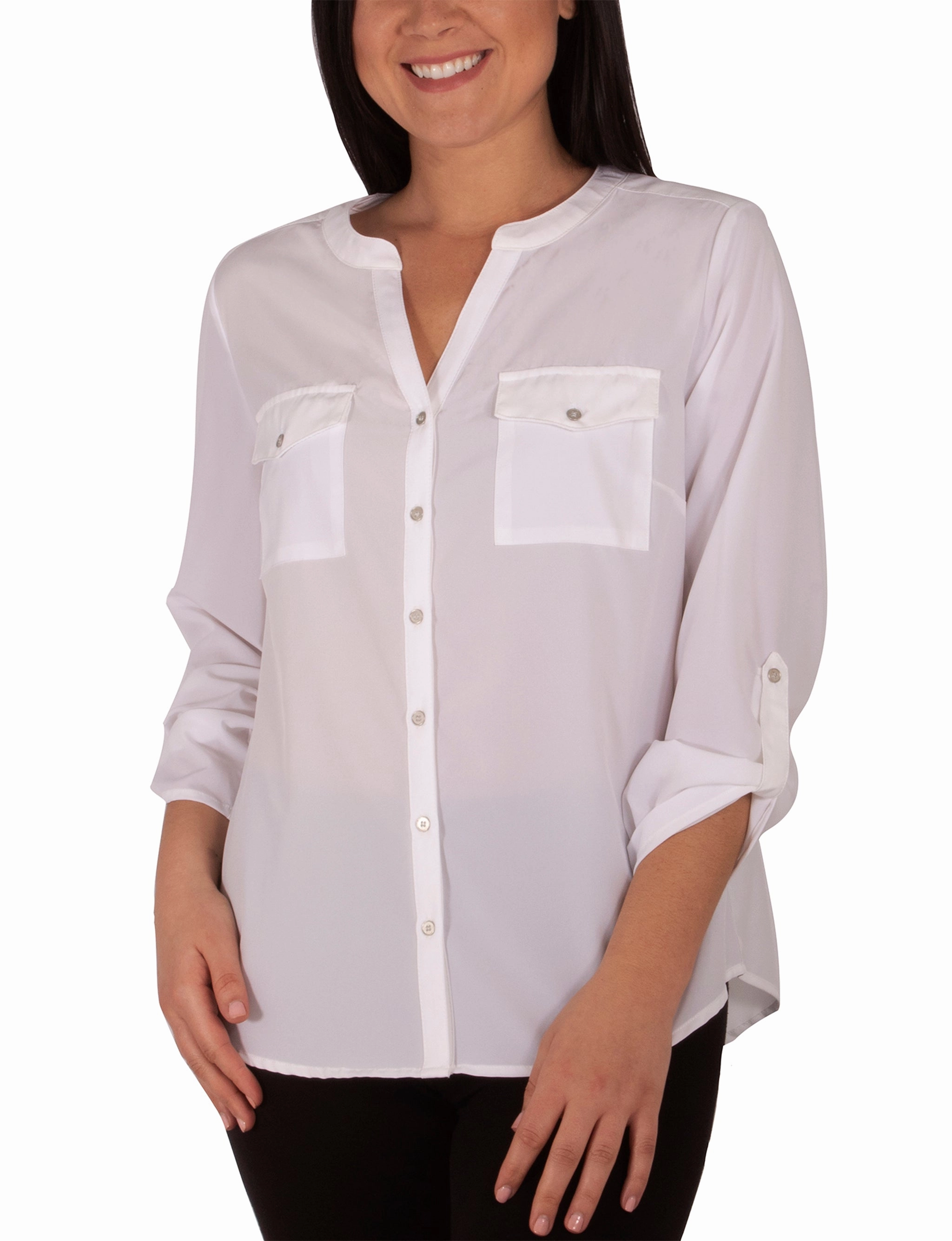 Solid Mandarin Collar Y Neck Blouse With Ruched Tabbed Sleeves FoldableFeature FlexibleWaistband