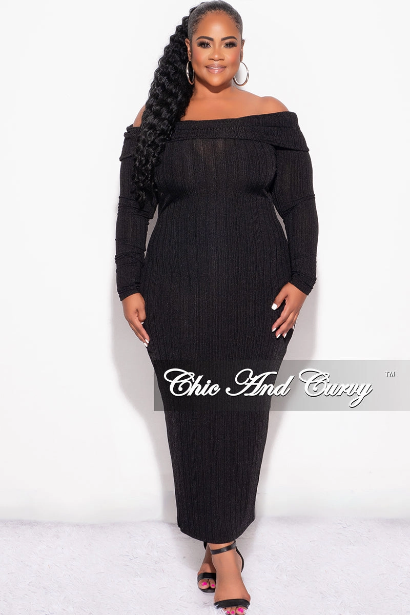 Final Sale Plus Size Off the Shoulder Knit Sweater Dress in Black Minimal Bulk Comfy Ease